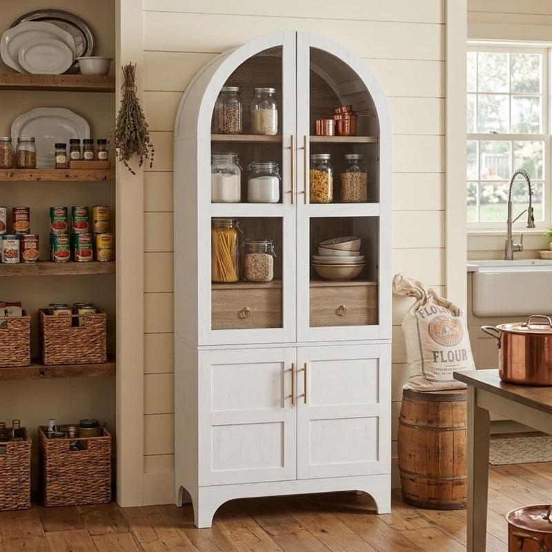 Arched Kitchen Pantry Cabinet with Door Shelves, 71" Tall Kitchen Storage Cabinet with Open & Adjustable Shelves, Freestanding Kitchen Cupboard with Hidden Drawer & Glass Door