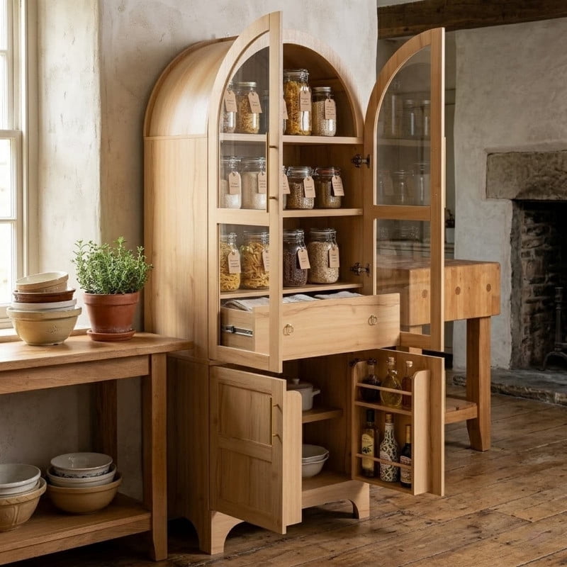 Arched Kitchen Pantry Cabinet with Door Shelves, 71" Tall Kitchen Storage Cabinet with Open & Adjustable Shelves, Freestanding Kitchen Cupboard with Hidden Drawer & Glass Door