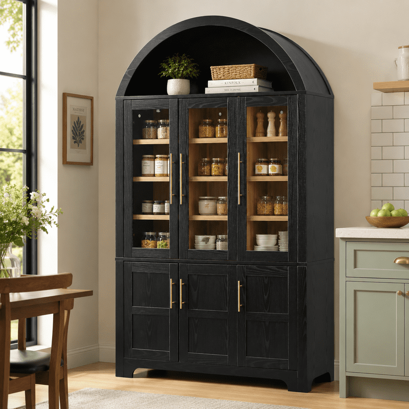 Arched Kitchen Pantry Cabinet with Glass Doors, Farmhouse Tall Storage Cabinet with Adjustable Shelves, Door Storage Racks & Open Display Shelves, Wooden Cupboard for Kitchen, Dining Room