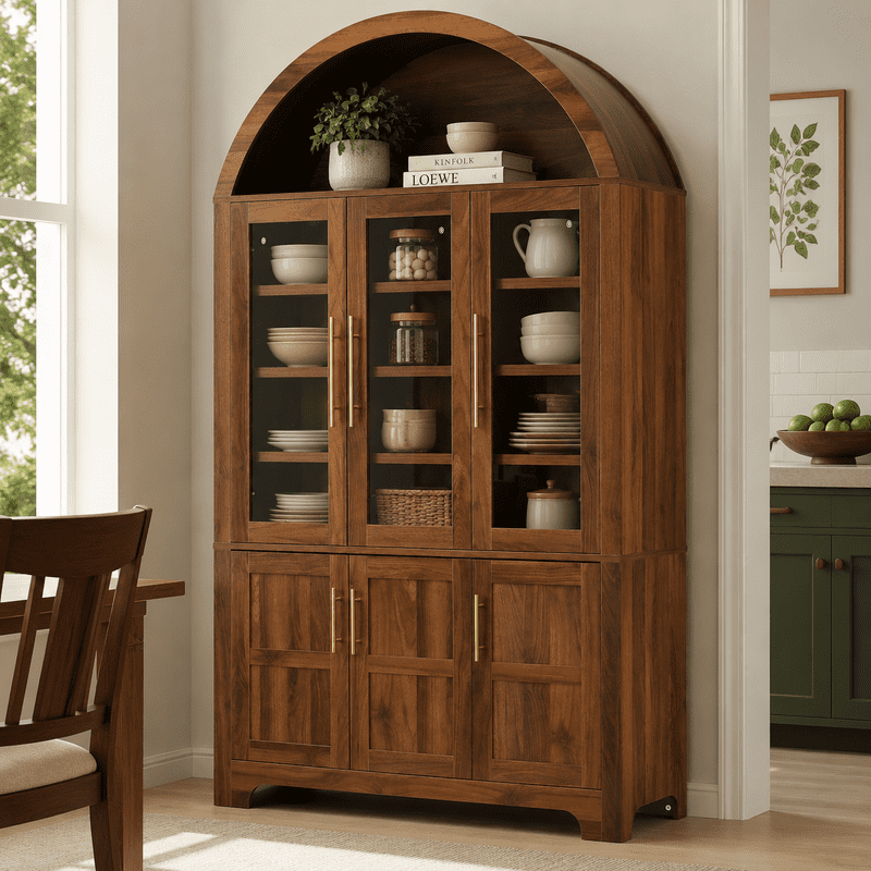 Arched Kitchen Pantry Cabinet with Glass Doors, Farmhouse Tall Storage Cabinet with Adjustable Shelves, Door Storage Racks & Open Display Shelves, Wooden Cupboard for Kitchen, Dining Room