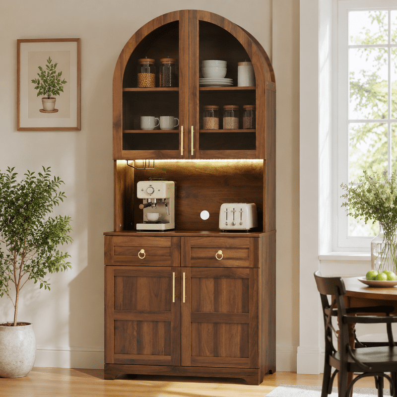 Arched Kitchen Pantry Cabinet with LED Light & Charging Station, Farmhouse Storage Hutch with 2 Drawers, Adjustable Shelves, Glass Doors, Coffee Bar Cabinet for Kitchen, Dining Room