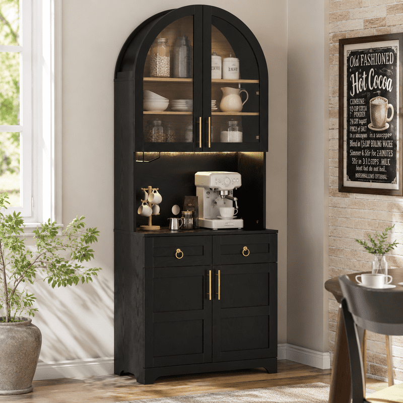 Arched Kitchen Pantry Cabinet with LED Light & Charging Station, Farmhouse Storage Hutch with 2 Drawers, Adjustable Shelves, Glass Doors, Coffee Bar Cabinet for Kitchen, Dining Room