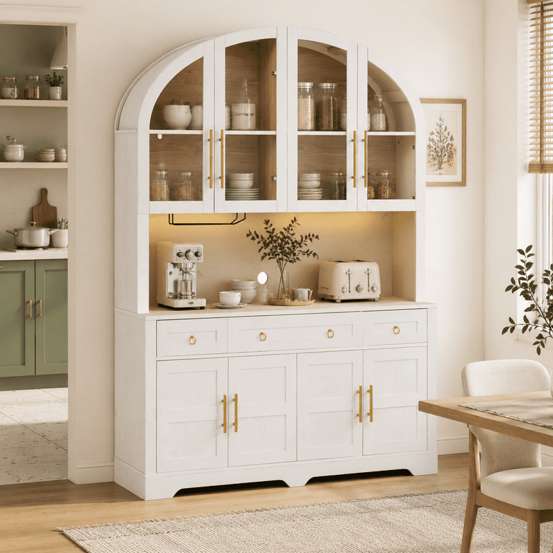 Arched Kitchen Pantry Cabinet with LED Lights & Charging Station, 55" Farmhouse Hutch Storage Cabinet with Glass Doors, Drawers, Adjustable Shelves & Barn Doors for Kitchen, Dining Room