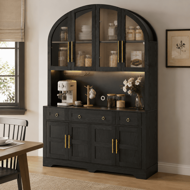 Arched Kitchen Pantry Cabinet with LED Lights & Charging Station, 55" Farmhouse Hutch Storage Cabinet with Glass Doors, Drawers, Adjustable Shelves & Barn Doors for Kitchen, Dining Room