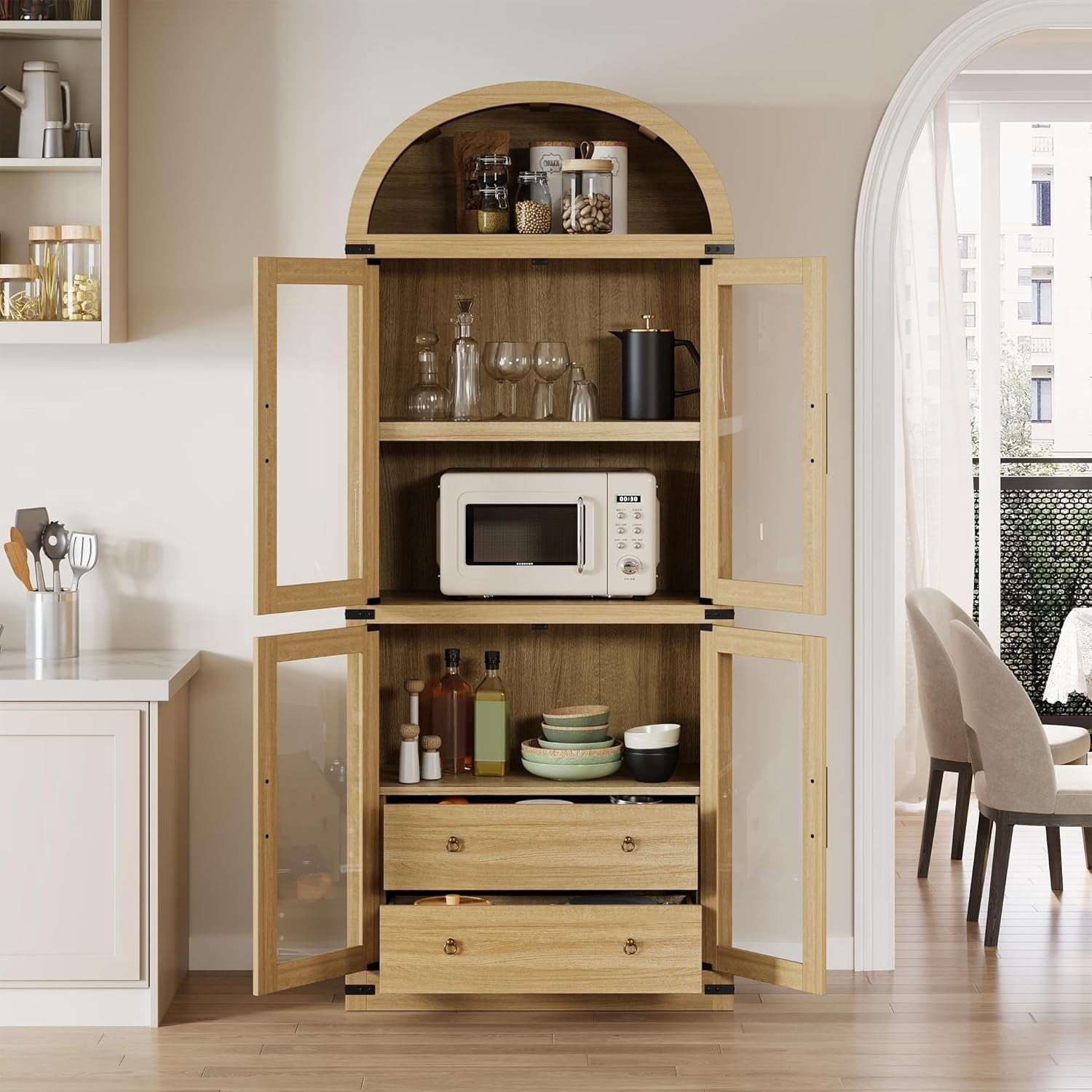Arched Kitchen Pantry Cabinet with Glass Doors - Farmhouse Storage ...