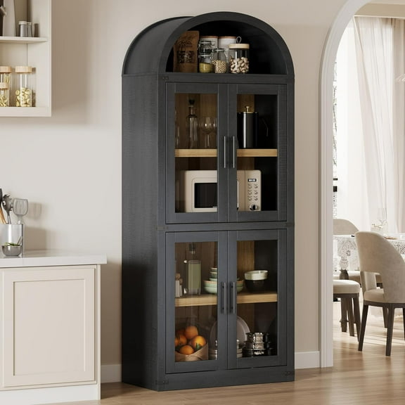 Arched Kitchen Pantry Storage Cabinet,71-Inch Tall Farmhouse Wood Bookcase with 4 Doors for Kitchen Dining Room Bathroom