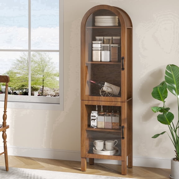 Arched Kitchen Pantry Storage Cabinet, Tall Storage Display Cabinet, 5 Tier Bookcase for Living Room (Walnut)