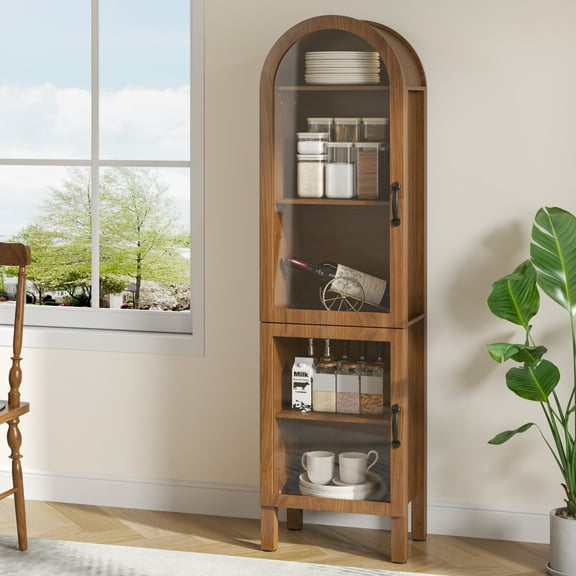 Arched Kitchen Pantry Storage Cabinet, Tall Storage Display Cabinet, 5 Tier Bookcase for Living Room (Walnut)