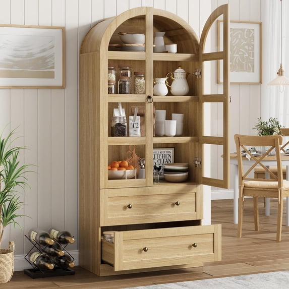 Arched Kitchen Pantry Storage Cabinet with 2 Drawers 72" Tall Farmhouse Wood Bookcase with 4 Doors for Kitchen Dining Room Bathroom