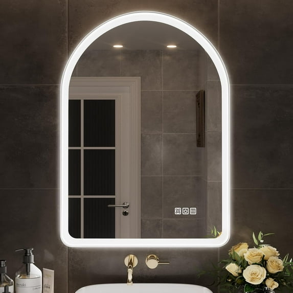 Arched LED Bathroom Mirror, 22x30 Fogless White Frame Bathroom Mirror with Lights, 3 Color Dimmable Lighted Bathroom Mirror for Wall, Smart Light Up Bathroom Vanity Mirror Wall-Mounted