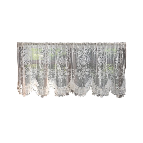 Arched Lace Valance Curtain | Semi-Sheer Chiffon with Embroidery | Rod Pocket Design | 59x22 Inches | White Polyester Window Treatment