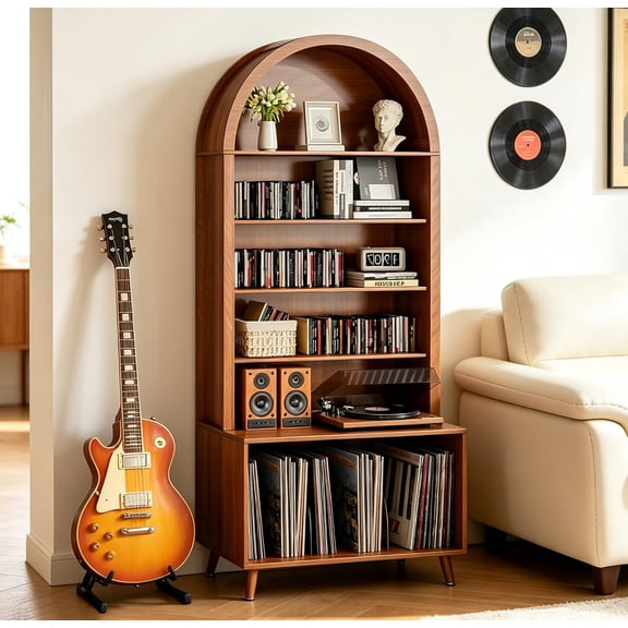 Arched Large Record Player Stand,Holds Up 350+ Albums,31.5''W | Large 6-Tier Record Player Table with Vinyl Storage,CD/DVD Rack,Turntable Stand,Vinyl Record Storage for Living Room,Walnut