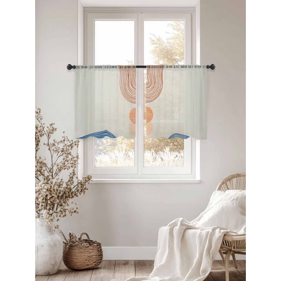 Arched Line Art Orange Sun Chiffon Sheer Curtains 45 Inches Long Watercolor Minimalist Curve Stripe Rod Pocket Window Curtains Voile Drapes Curtains for Living Room Bedroom,2 Panels