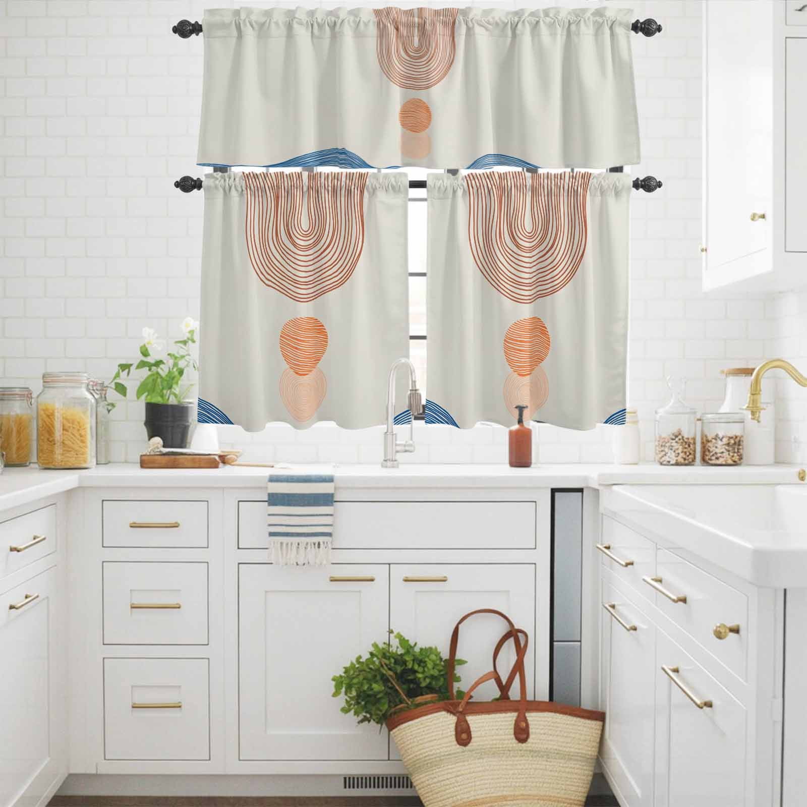 Arched Line Art Orange Sun Curtain Tier and Valance Set 3 Piece ...