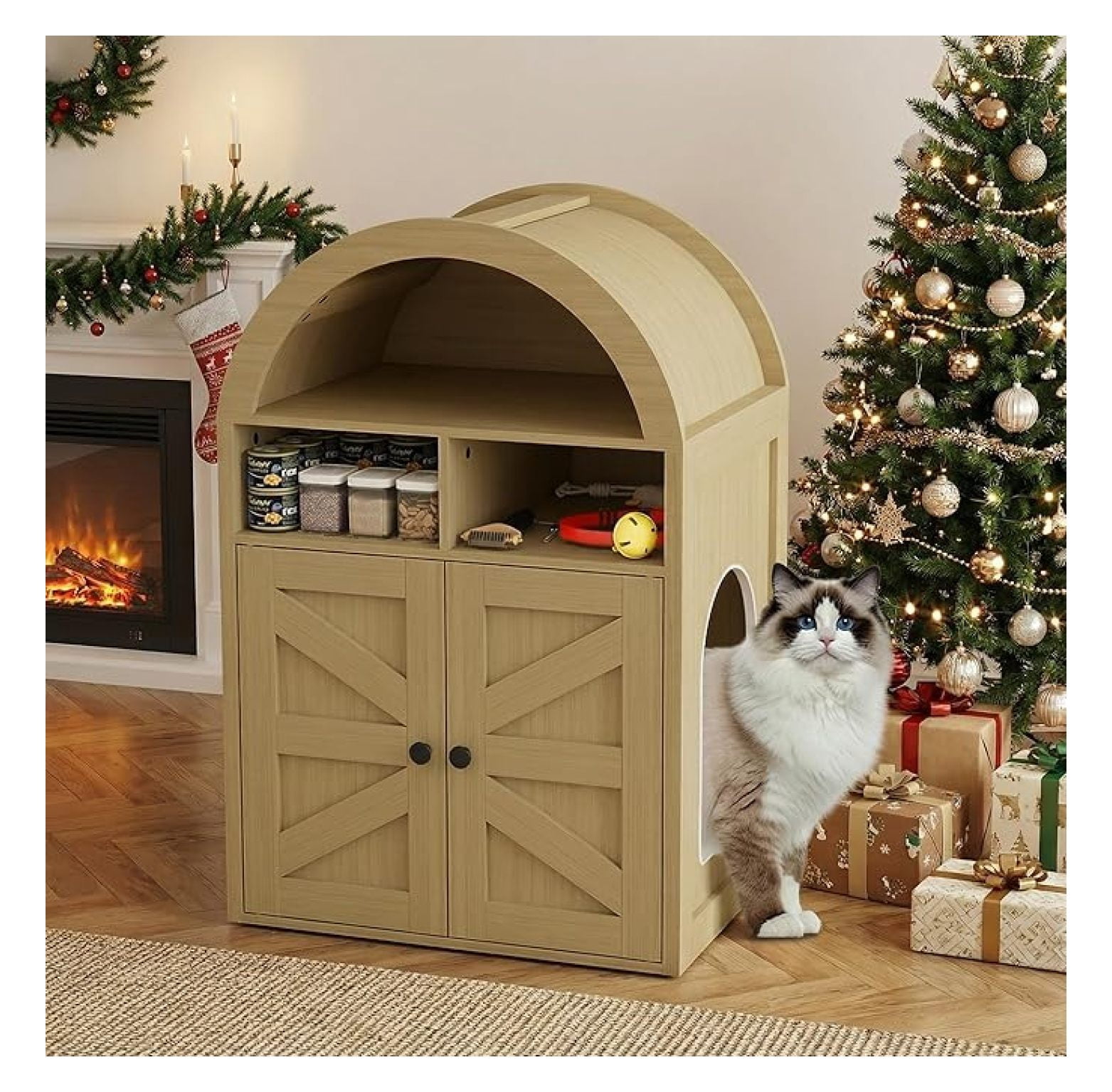 Arched Litter Box Enclosure, Cat Litter Box Furniture , Cat Washroom Storage Cabinet with Double Doors and Open Shelf for Bedroom, Living Room