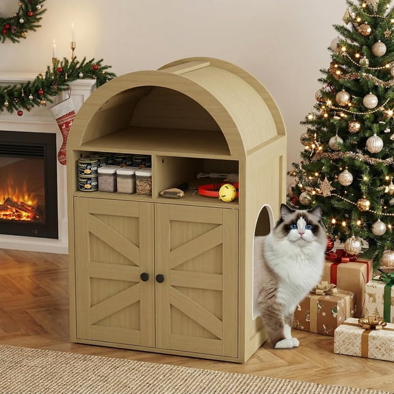 Arched Litter Box Enclosure, Litter Box Furniture Hidden, Washroom Bench Storage Cabinet with Double Doors and Open Shelf for Bedroom, Living Room
