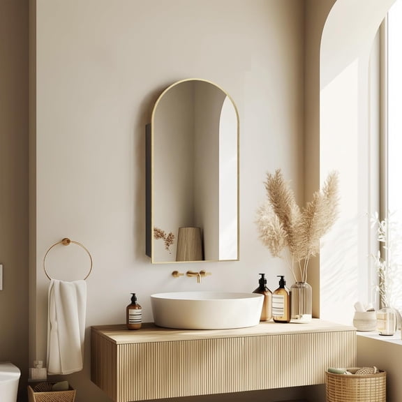 Arched Medicine Cabinet, Gold Mirror Cabinet Wall Mounted, Mirrored Medicine Cabinet, Bathroom Vanity Mirror with Storage, Charging Station, Adjustable Shelves, Not Recessed, 16x32 Inch