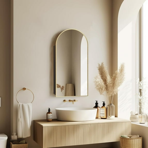 Arched Medicine Cabinet, Gold Mirror Cabinet Wall Mounted, Mirrored Medicine Cabinet, Bathroom Vanity Mirror with Storage, Charging Station, Adjustable Shelves, Not Recessed, 16x32 Inch