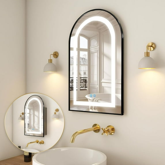 Arched Medicine Cabinet with LED, Lighted Bathroom Medicine Cabinet Mirror with Anti-Fog, No Assembly Required, Recessed or Surface Mount (Black, 19.7"x31.5")