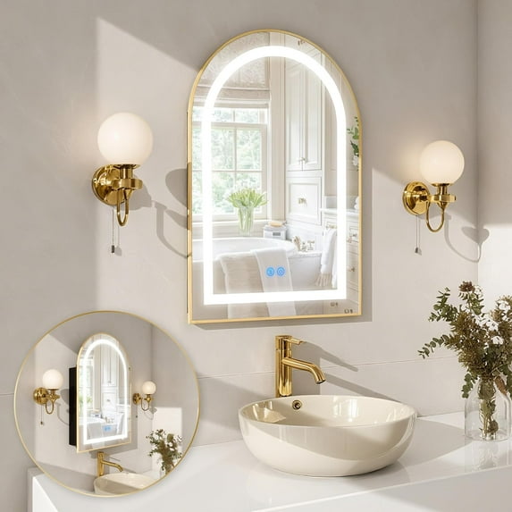 Arched Medicine Cabinet with LED, Lighted Bathroom Medicine Cabinet Mirror with Anti-Fog, No Assembly Required, Recessed or Surface Mount (Gold, 24"x36")