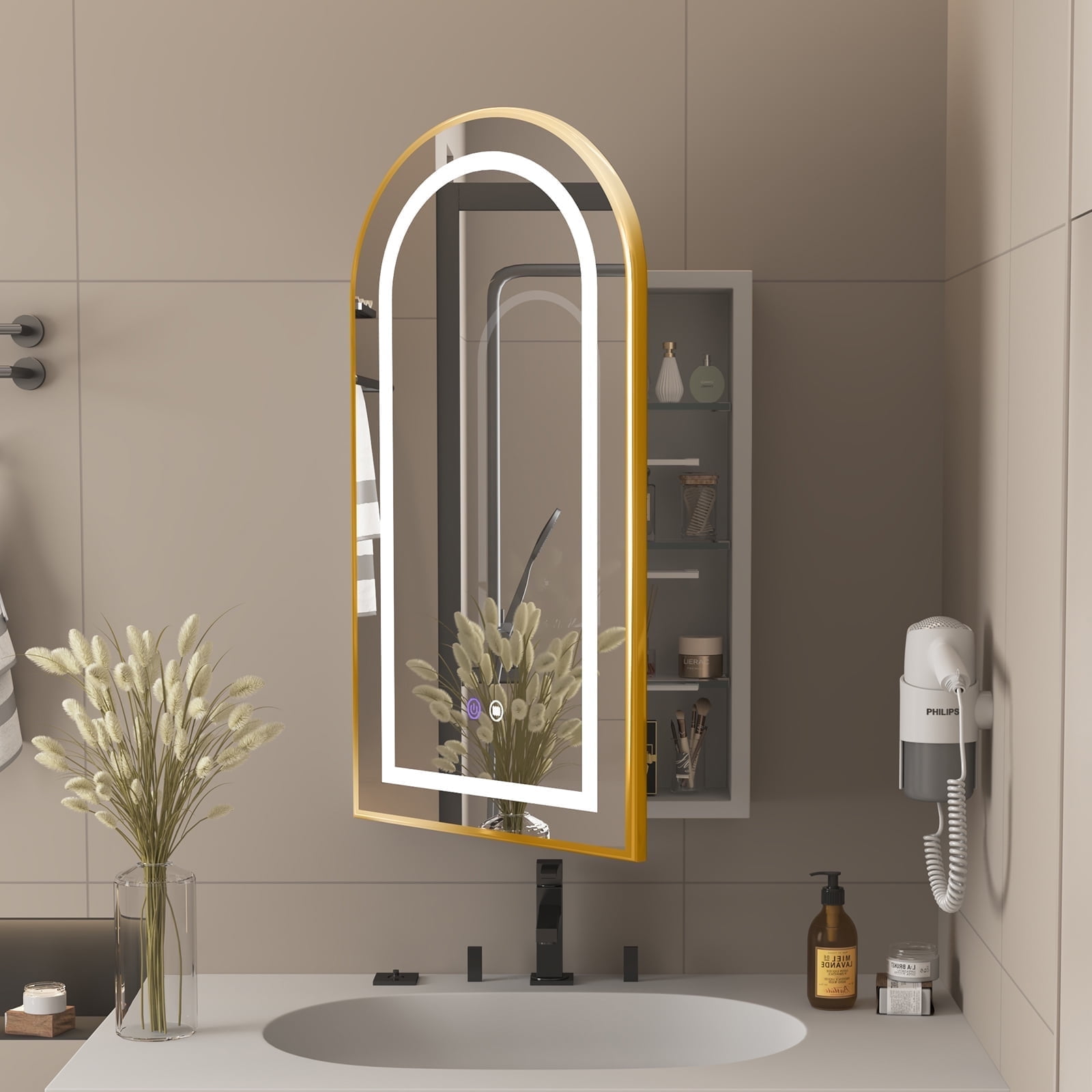 Arched Medicine Cabinet with Light,20x36 Inch Recessed Lighted Medicine ...