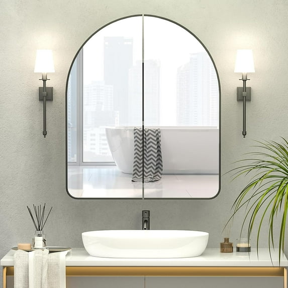 Arched Medicine Cabinet with Mirror,PVC Arched Black Medicine Cabinets Mirror,Mirrored Medicine Cabinets for Bathroom Mirror Cabinet,Surface Mount Medicine Cabinet,botiquines de baño 24x28