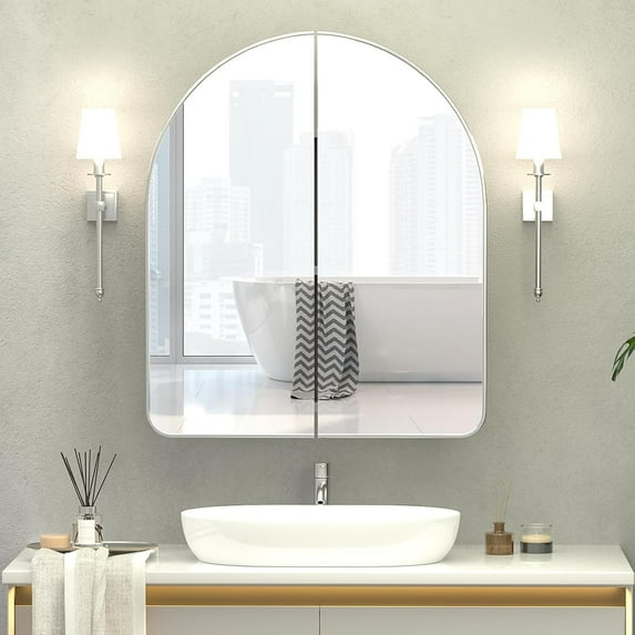 Arched Medicine Cabinet with Mirror,Silver Bathroom Mirror Cabinet,24x28 Mirrored Medicine Cabinets for Bathroom Mirror with Storage,Wall Mounted Medicine Cabinets,botiquines de baño