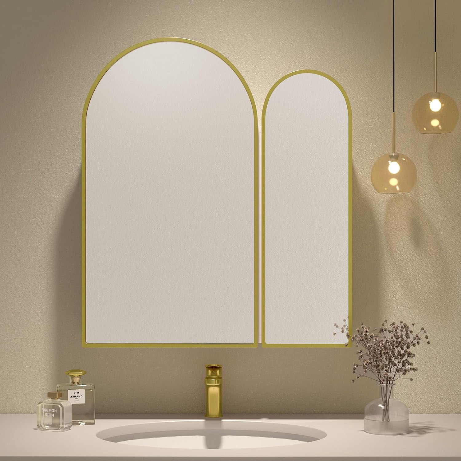 Arched Medicine Cabinet with Mirror,2 Doors,Brushed Gold Mirror ...