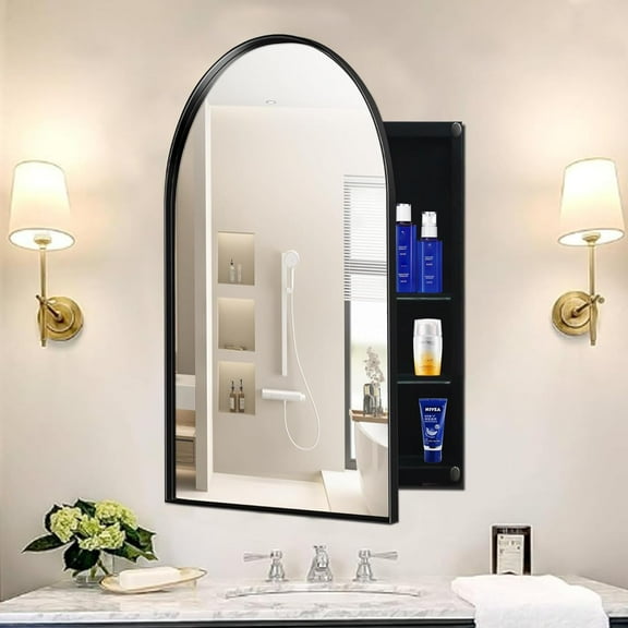 Arched Medicine Cabinets with Mirror, Metal Framed Bathroom Mirror Cabinet with Storage, Vanity Mirrors with Adjustable Shelves, Recessed or Surface Mount, 24x36 Inch (Black)