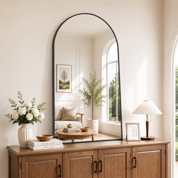 COFENY Arched Bathroom Mirror, 24x48 inch Black Metal Frame for Bedroom and Entryway