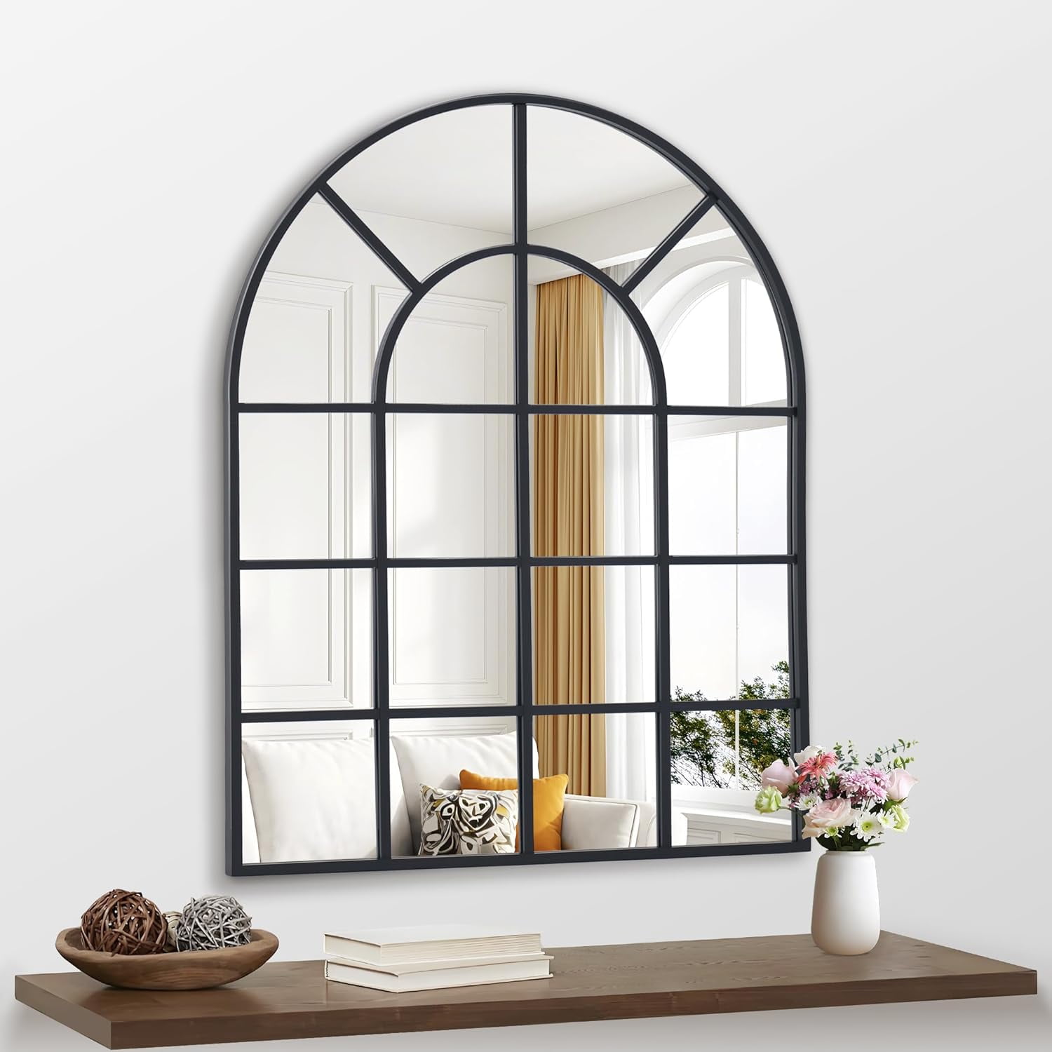 Arched Mirror, 30x36 inch Arch Window Mirror, Black Frame Window Pane Mirror Wall Decor, Large ...