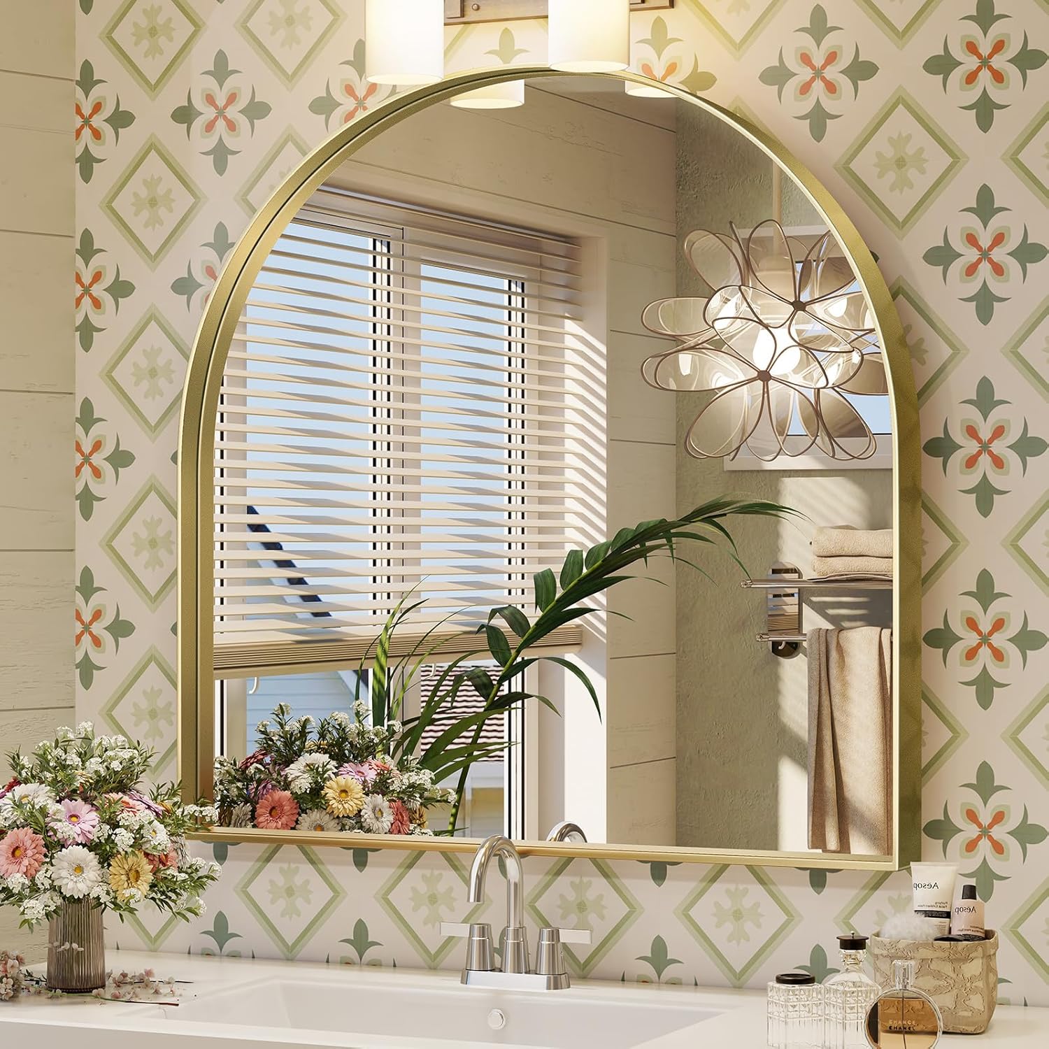Arched Mirror, 31 x 33 Inch Gold Arch Mirror, Metal Frame Gold Arched ...