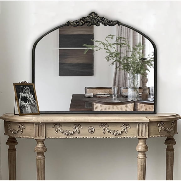 Arched Mirror,Black Traditional Vintage Ornate Baroque Mirrors,Antique Brass Mirrors for Entryway/Fireplace/Living Room/Hallway/Bathroom.30“X36“ Balck