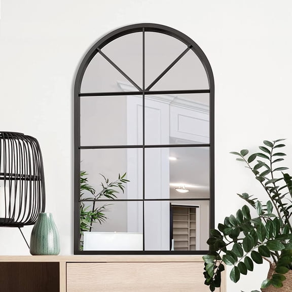 Arched Mirror, Windowpane Mirror, 31.5"x19.7" Window Finished Metal Mirrors, Black Grid Mirrors for Decor Living Room Fireplace Entryway Bedroom Hallway