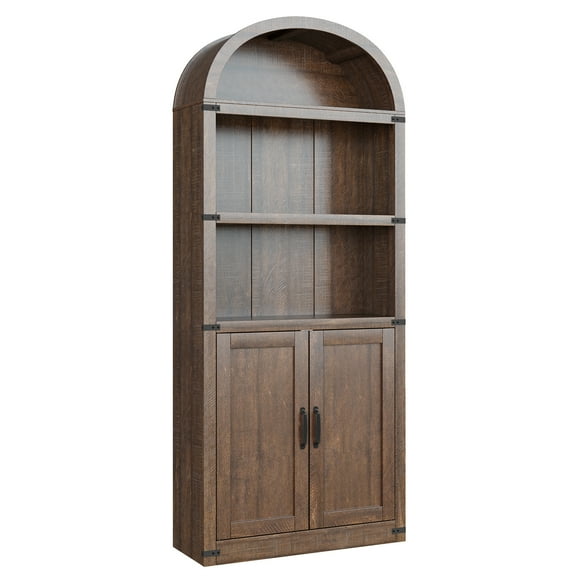 Arched Office Bookcase with Doors - 71.65" Tall Wooden Bookshelf - Farmhouse Cabinet with Shelves for Home Office, Living Room - Brownish Red, 2-Door Model
