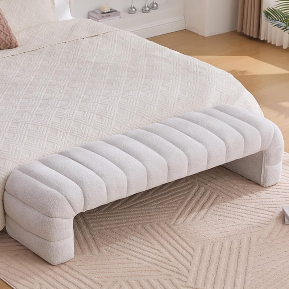 Arched Ottoman for Bedroom Living Room,69.7" Chenille Long Benches for Bed End King Size,Modern Channel Tufted Seating for Entryway,Window,Bedside (Ivory, 69.7")