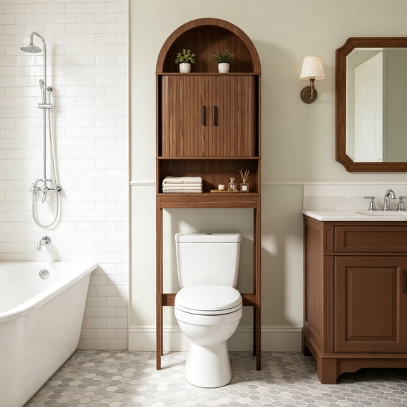Arched Over the Toilet Storage Cabinet, Bathroom Shelves Organizer Space Saver with 2 Sliding Doors and Anti-Tip Device Adjustable Shelf