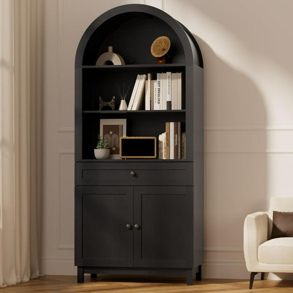 Arched Pantry Cabinet, 71" Kitchen Pantry Cabinet with Smooth Gliding Drawers and Adjustable Shelf, Wood Storage Cabinets Anti-Tipping, Modern Farmhouse for Living Room, Dining Room (Black)