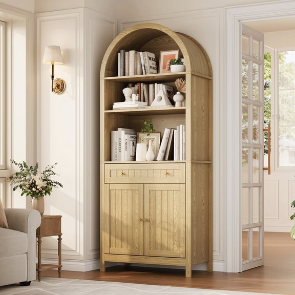 Arched Pantry Cabinet, 73" Kitchen Pantry Cabinet with Drawers and Adjustable Shelf, Modern Farmhouse Wood Storage Cabinets for Living Room, Dining Room,Brown