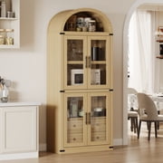 Arched Pantry Cabinet with Doors 71.6 in Tall Wood Bookcase with 2 Drawers Farmhouse Kitchen Cupboard Modern Display Tall Wooden Display Cabinet Rounded Bookcases for Living Room, Kitchen, Office
