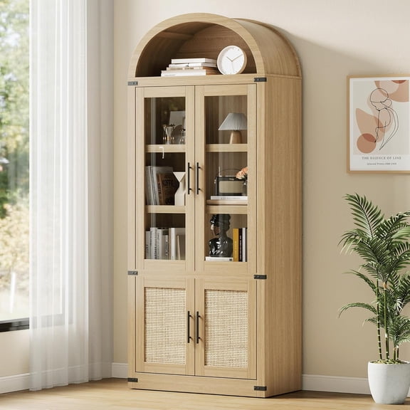 Arched Pantry Cabinet with Glass Doors,Farmhouse Kitchen Storage Cabinet with 5 Shelves, 6-Tier Bookshelf with Storage for Dining Room, Living Room