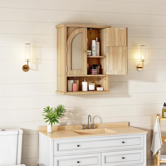 Arched Rattan Style Medicine Cabinet, Farmhouse Bathroom Wall Cabinet with Adjustable Shelf, Over The Toilet Storage Cabinet with Open and Hidden Space for Bathroom and Kitchen Storage Natural