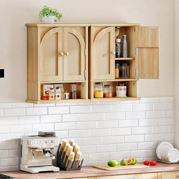 Arched Rattan Style Medicine Cabinet, Farmhouse Bathroom Wall Cabinet with Adjustable Shelf, Over The Toilet Storage Cabinet with Open and Hidden Space for Bathroom and Kitchen Storage Natural