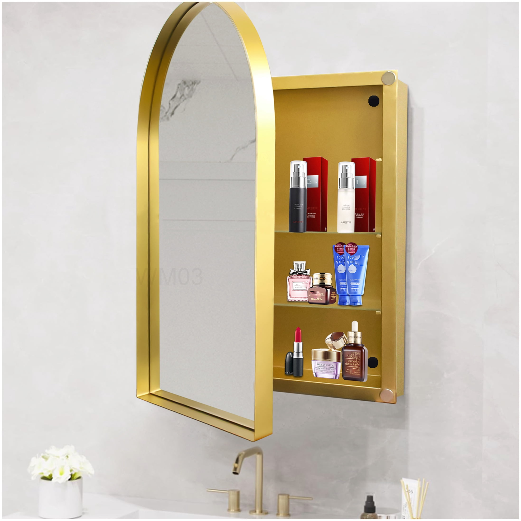 Arched Recessed Medicine Cabinet with Mirror, Gold Finish, Metal Frame