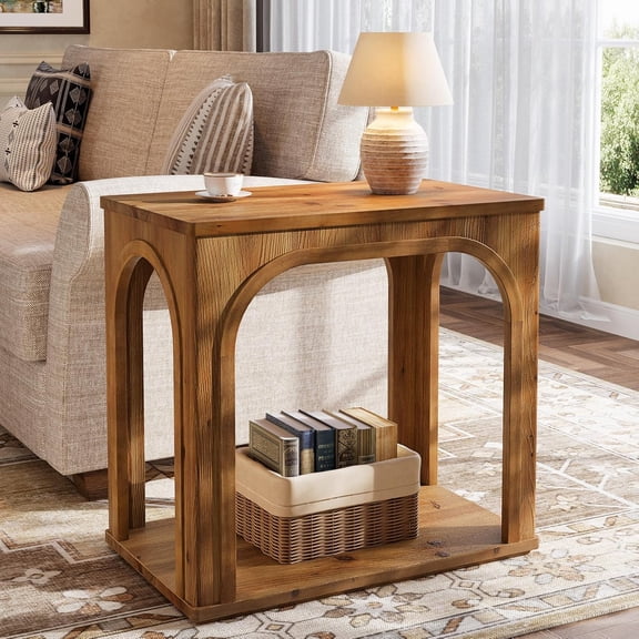 Arched Side Table, 25" Solid Wood End Table with Bottom Shelf, 2-Tier Farmhouse Night Stand for Living Room, Bedroom, Small Space, Rustic Brown