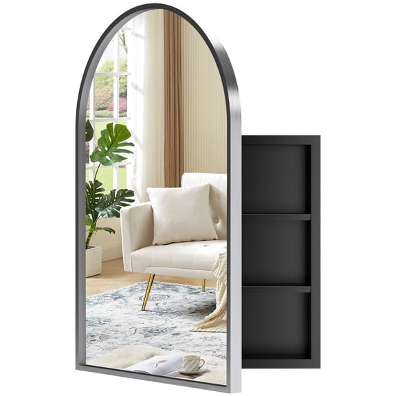 Arched Silver Medicine Cabinet with Mirror, 30"x20" Metal Framed Bathroom Mirror Medicine Cabinet Recessed or Surface Wall-Mounted, Modern Bathroom Vanity Mirror with Storage, 2 Removable Shelves