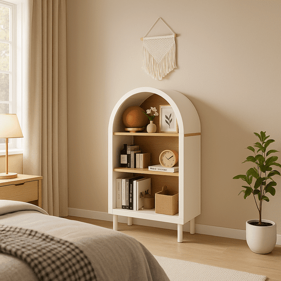 Arched Small Bookcase,Arched Storage Cabinet,Wooden Modern Arched Top Bookshelf with 3 Shelves,White with Woodgrain Shelves, 3-Tier Storage Shelf for Living Room, Bedroom, Entryway