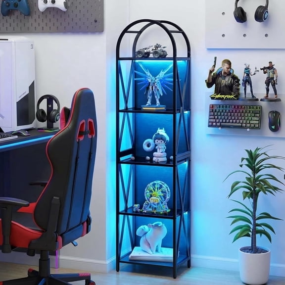 Arched Small Bookshelf 65" Tall Narrow 5-Tier Bookcase with Storage Open Glass Display Shelf with Lights and Adjustable Feet for Home Office and Living Room, Black