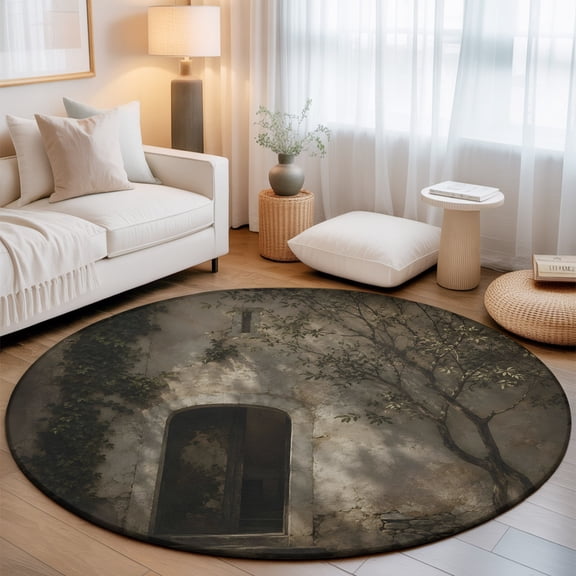 Arched Stone Doorway 6' Round Rugs for Living Room Under Coffee Table, Rustic Architectural Brown Leaf Tree Shadow Soft Sturdy Washable Non Slip Circle Kitchen Floor Area Rug