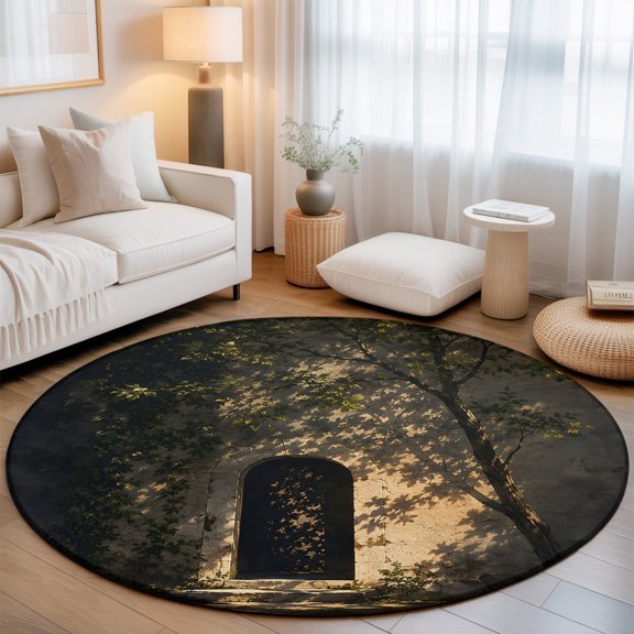 Arched Stone Doorway 6' Round Rugs for Living Room Under Coffee Table, Rustic Architectural Gold Sunlight Tree Shadow Soft Sturdy Washable Non Slip Circle Kitchen Floor Area Rug